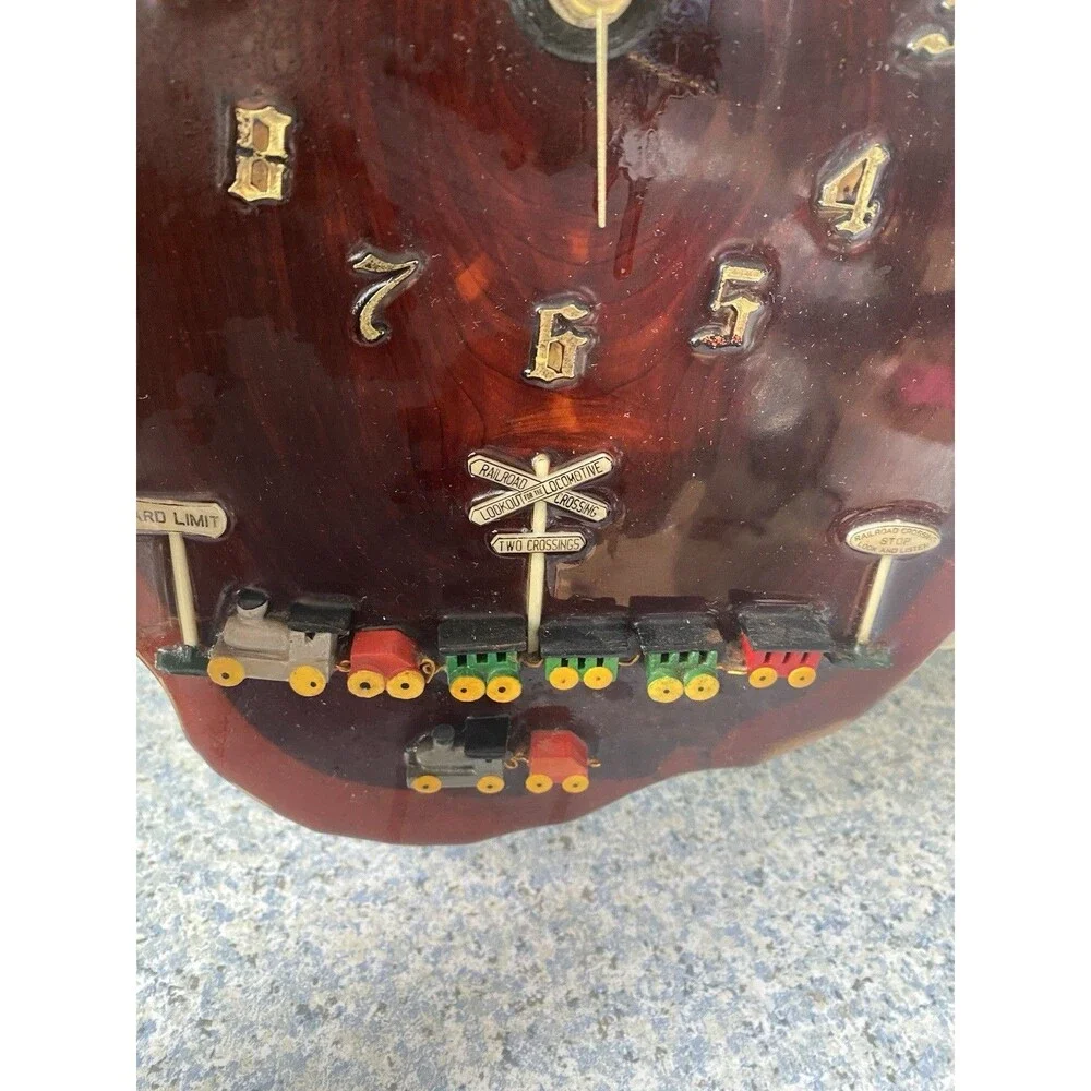 Vtg Hand Made Wood Slab Live Edge quarts wall  Clock w Train  Railroad Crossing